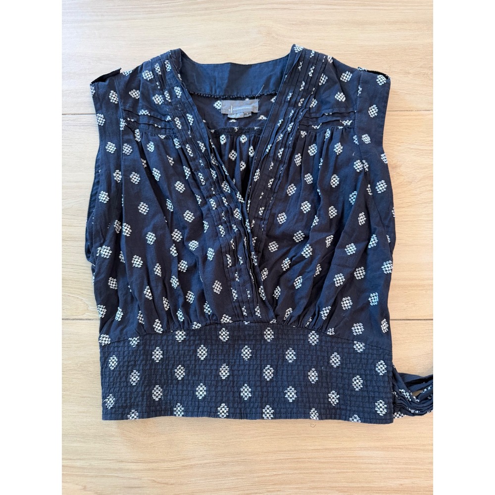 Anthropologie Sleeveless Cotton Smocked Waist Wrap Top Navy Blue Diamond Print S